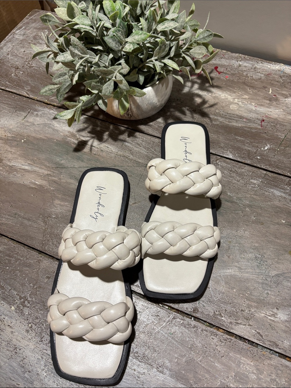 Wonderly Braided Double-Strap Slide Sandals in Cream and Black